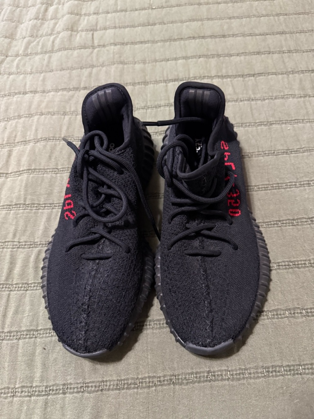 Adidas Yeezy Boosts Black Knit Low-Top Sneakers with Red Side Accents